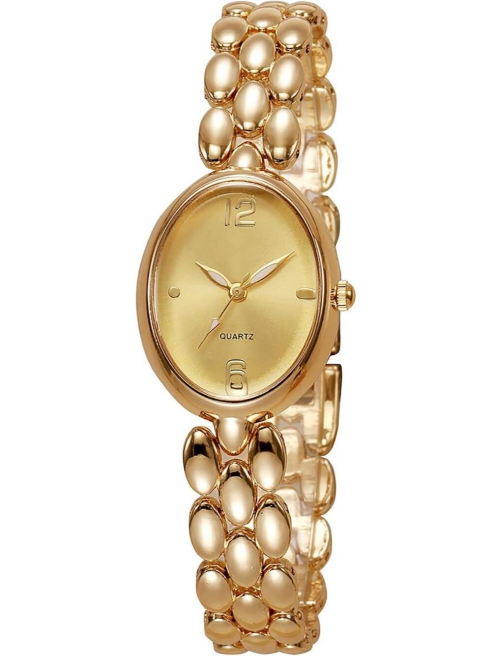 Women’s Gold Lightweight Oval Dial Quartz Analog Elegant Beaded Band Wrist Watch